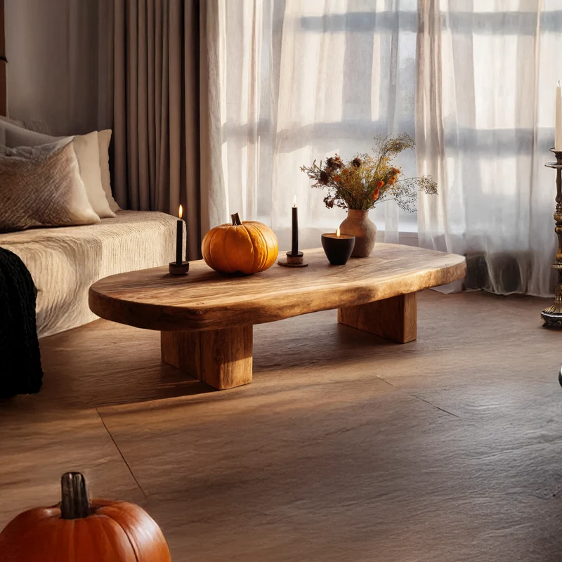 Spry Interior Handcrafted Wooden Live Edge Coffee Table, Halloween Trick or Treat Accent Center Table for Living Room Furniture Decor SILDTTNHCF034