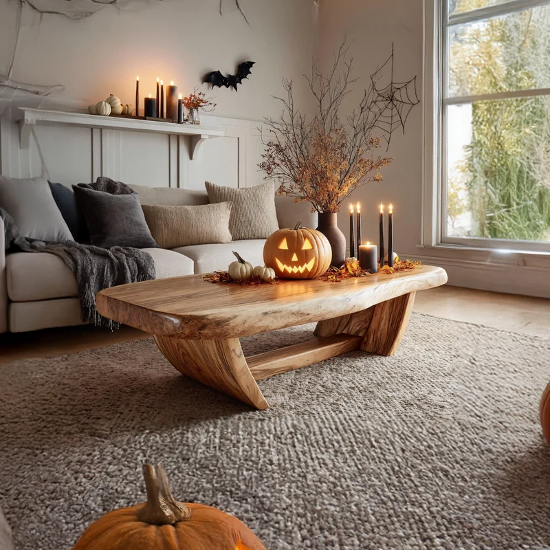 Spry Interior Handcrafted Solid Wood Coffee Table, Rustic Halloween Pumpkin Design Living Room Accent Centerpiece Furniture SILDTTNHCF032