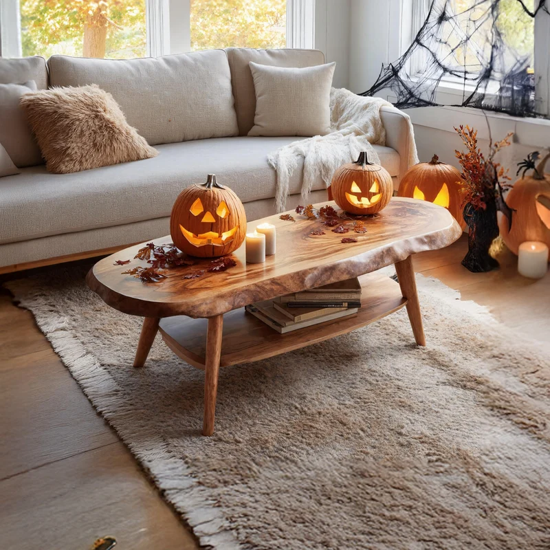 Spry Interior Modern Live Edge Wood Coffee Table, Spooky Halloween Trick or Treat Center Table & Entryway Console Furniture SILDTTNHCF037