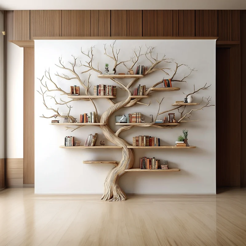 Spry Interior Rustic Tree Wall Bookshelf, Solid Wood Hanging Floating Bookcase & Cozy Branch Storage Organizer for Bedroom, Lounge - SINLKITB289