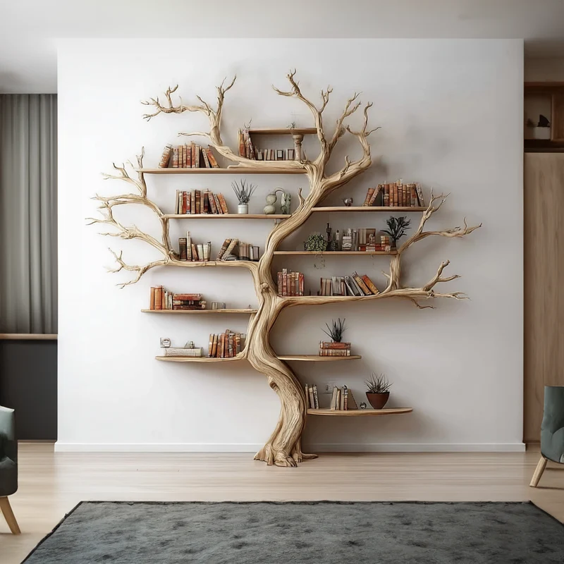 Spry Interior Rustic Tree Wall Bookshelf, Solid Wood Hanging Floating Bookcase & Artistic Branch Display Shelf for Living Room - SINLKITB288