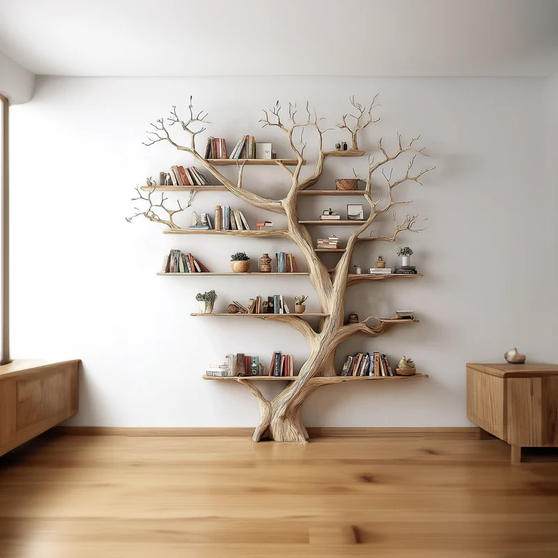 Spry Interior Rustic Tree Wall Bookshelf, Solid Wood Hanging Bookcase & Artistic Floating Display Organizer for Living, Guest Room - SINLKITB290