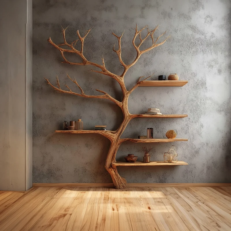 Spry Interior Rustic Tree Bookshelf, Solid Wood Wall Mounted Bookcase & Hanging Display Shelf Organizer for Entryway, Hallway - SINLKITB296