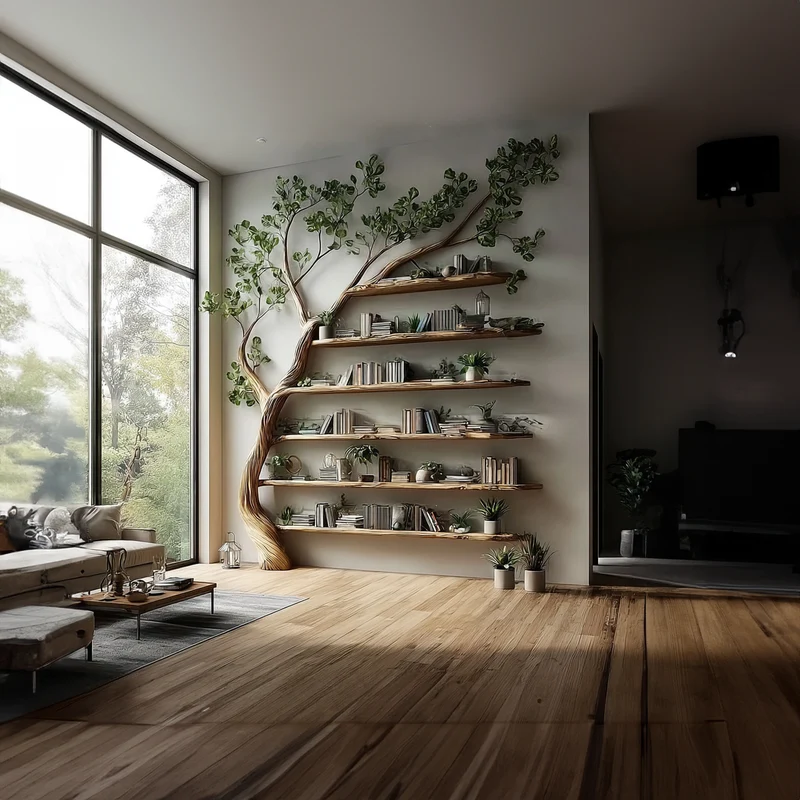 Spry Interior Rustic Tree Display Shelf, Solid Wood Wall Mounted Bookcase & Floating Storage Organizer for Modern Living Room - SINLKITB295