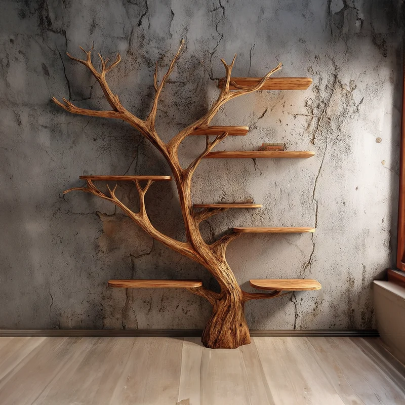 Spry Interior Rustic Tree Wall Bookshelf, Solid Wood Wall Mounted Floating Bookcase & Key/Mail Organizer for Entryway, Study - SINLKITB294