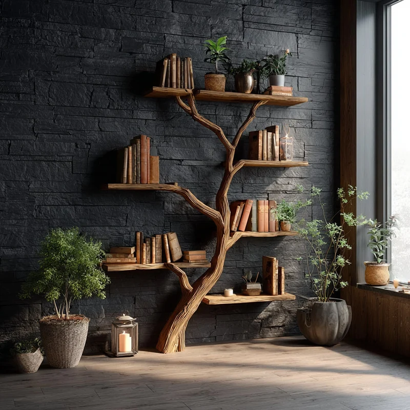 Spry Interior Rustic Tree Bookcase, Solid Wood Wall Mounted Branch Shelf, Creative Floating Bookcase for Kids Reading Nook Decor - SINLKITB299