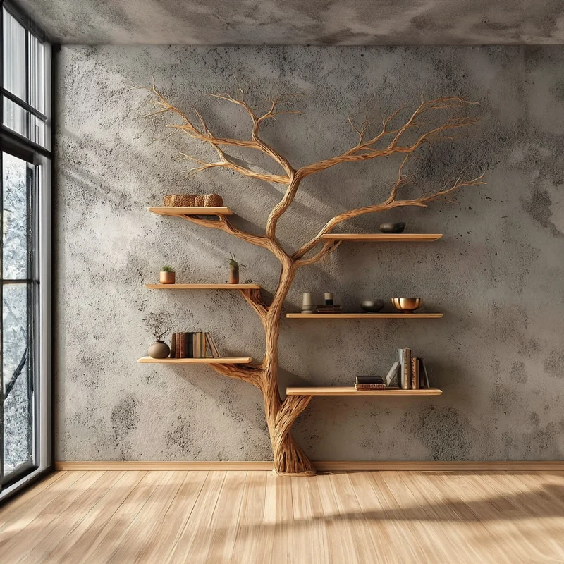 Spry Interior Rustic Tree Bookshelf, Solid Wood Wall Mounted Bookcase & Creative Floating Branch Display Shelf for Bedroom & Study - SINLKITB298