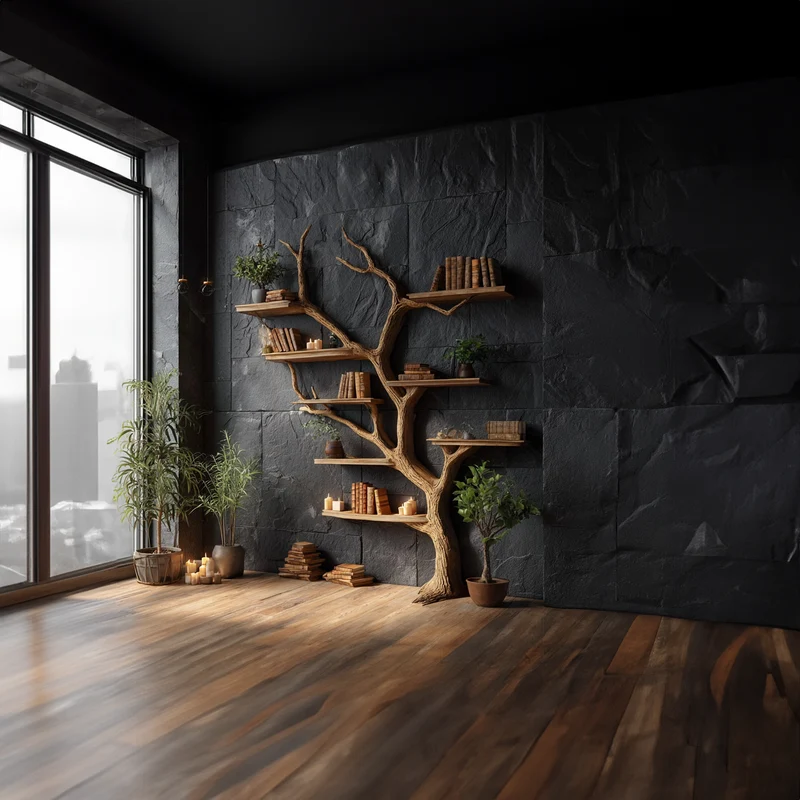 Spry Interior Rustic Tree Wall Shelf, Solid Wood Floating Bookcase & Creative Branch Hanging Organizer for Home Library & Study - SINLKITB301