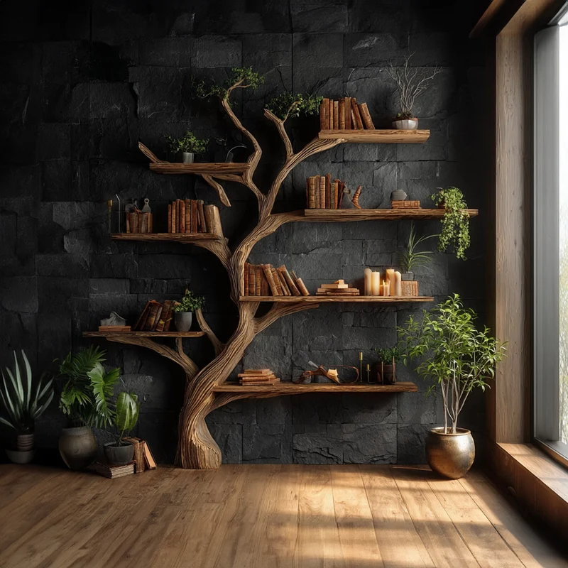 Spry Interior Rustic Tree Wall Shelf, Solid Wood Floating Bookcase & Artistic Branch Hanging Shelf Organizer for Family Room - SINLKITB300