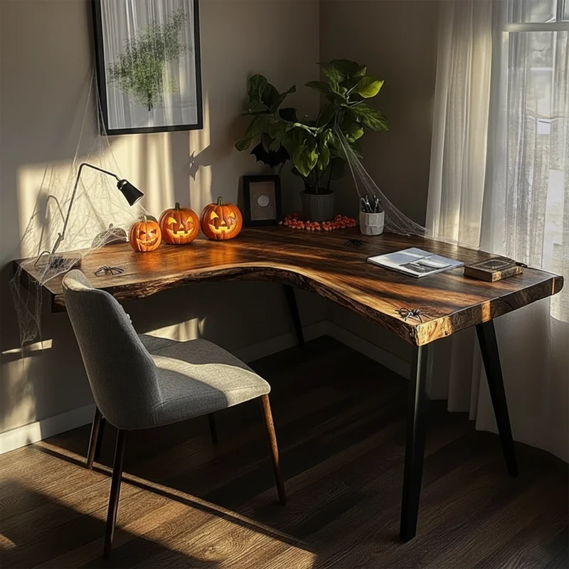 Spry Interior Rustic Wooden Live Edge Desk, Handcrafted Solid Wood Writing Table, Home Office Furniture & Halloween Theme Decor - SINLKIHW046
