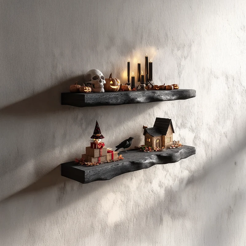 Spry Interior Rustic Solid Wood Floating Shelves, Handcrafted Live Edge Wall Mounted Shelf Organizer for Entryway & Halloween Decor - SINLSAFL151