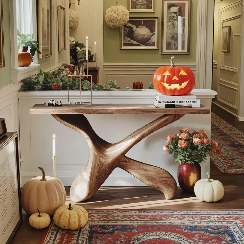 Spry Interior Handcrafted Live Edge Console Table, Solid Wood Entryway Sofa Table, Halloween Theme Accent Furniture Home Decor - SILDTTNHCS008