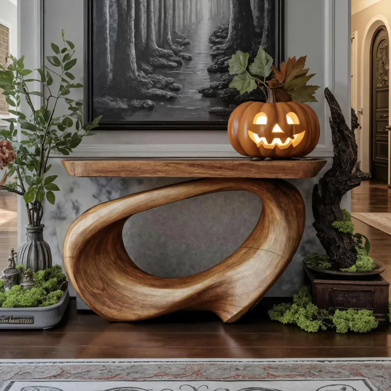 Spry Interior Mid Century Wooden Live Edge Console Table, Solid Wood Entryway Foyer Sofa Table, Halloween Style Home Furniture - SILDTTNHCS007