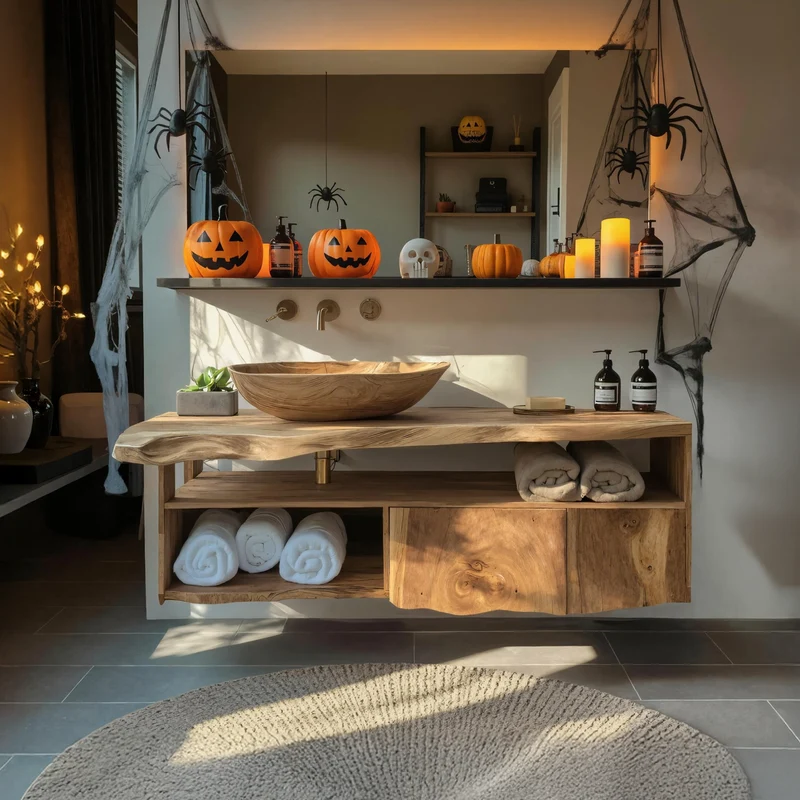 Spry Interior Farmhouse Solid Wood Bathroom Shelf, Wall Mounted Live Edge Wooden Floating Storage Organizer, Halloween Home Decor - SILDTTRHBS002