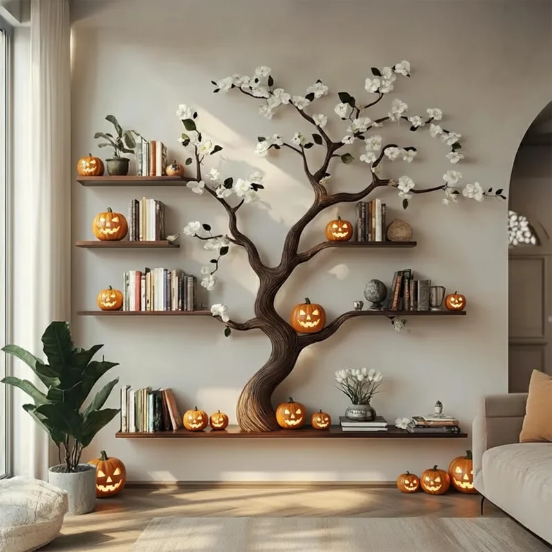 Spry Interior Rustic Natural Tree Branch Wall Bookshelf, Spooky Halloween Floating Bookshelf, Goth Tree Branch Wall Decor, SINLKIHW053