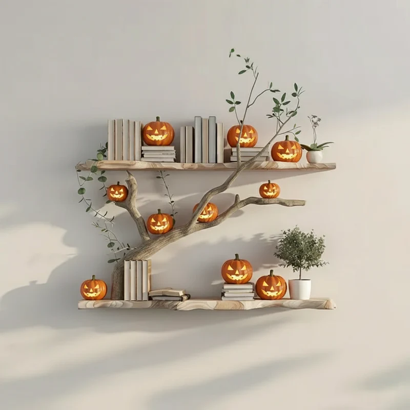 Spry Interior Mid-Century Wooden Tree Branch Wall Bookshelf, Floating Branch Shelf, Rustic Gothic Halloween Home Display Decor, SINLKIHW051
