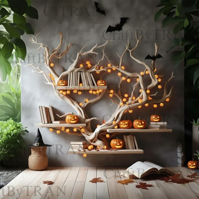 Spry Interior Rustic Tree Branch Bookshelf, Wall-Mounted Wooden Floating Shelf, Spooky Halloween & Gothic Wall Display, SINLKIHW050
