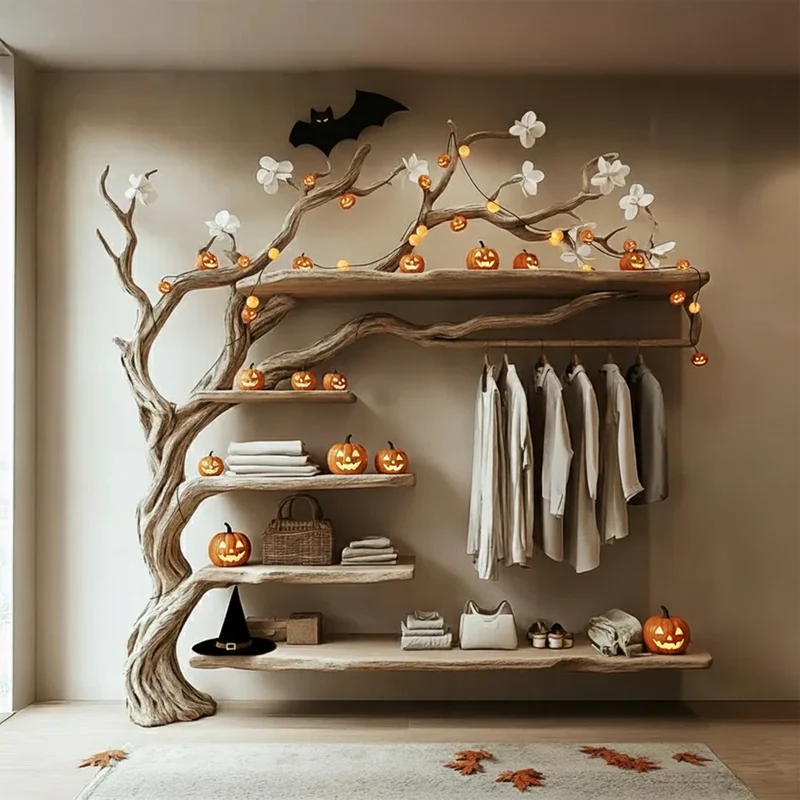 Spry Interior Mid-Century Wooden Tree Clothes Organizer Shelf, Rustic Tree-Shaped Coat & Hat Rack, Spooky Halloween Home Decor, SINLKIHW049