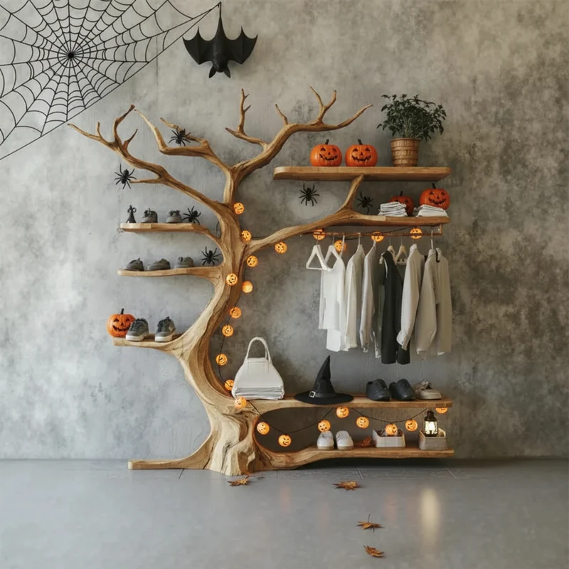 Spry Interior Mid-Century Modern Tree Wardrobe Shelf, Rustic Tree-Shaped Standing Clothes Organizer, Gothic Halloween Decor, SINLKIHW048