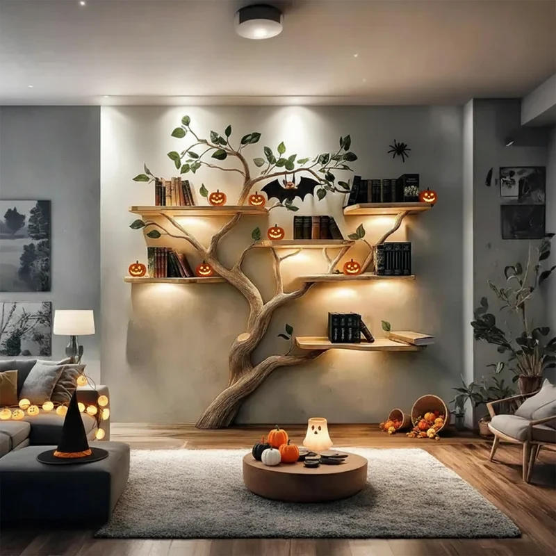 Spry Interior Rustic Handmade Wooden Tree Shelf, Tree-Shaped Freestanding Bookshelf, Goth & Halloween Living Room Decor, SINLKIHW047