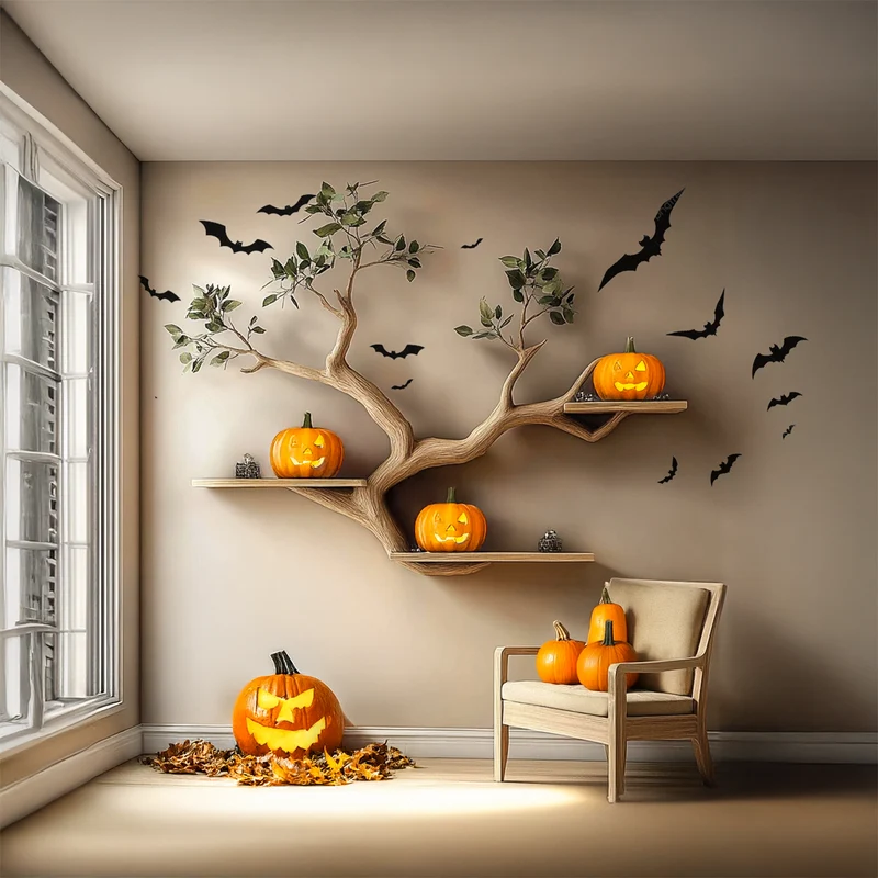 Spry Interior Rustic Wooden Tree Shelf, Wall Mounted Branch Floating Shelf, Spooky Gothic Living Room Storage Display Wall Art, SINLSAHW004