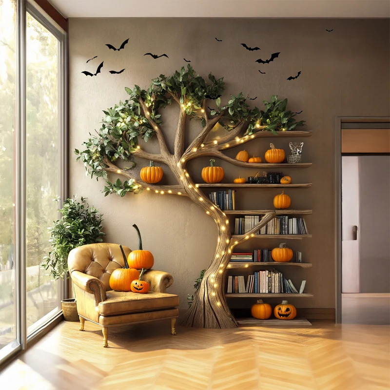 Spry Interior Wooden Tree Branch Floating Bookshelf, Wall Mounted Branch Shelf, Spooky Gothic Living Room Storage Display Decor, SINLSAHW005