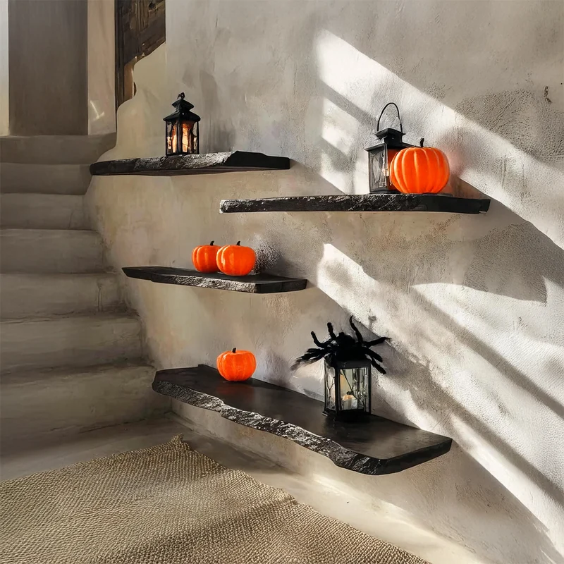 Spry Interior Rustic Black Floating Shelf, Wooden Tree Branch Wall Shelf, Spooky Gothic Halloween Living Room Wall Art Decor, SINLSAHW009