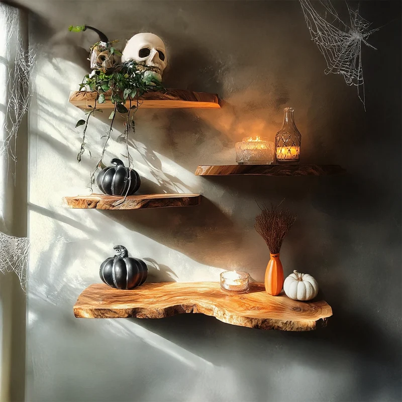 Spry Interior Rustic Floating Shelf, Wooden Tree Branch Wall Mounted Shelf, Spooky Gothic Halloween Wall Art Display Decor, SINLSAHW012