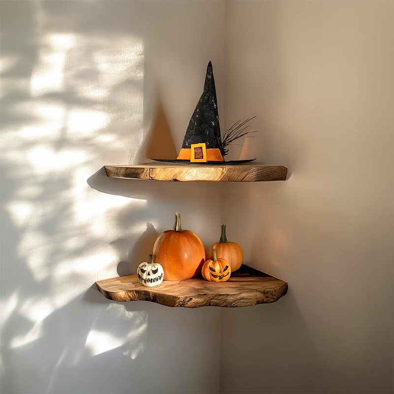 Spry Interior Rustic Corner Floating Shelf, Wooden Tree Branch Corner Wall Shelf, Spooky Gothic Living Room Storage Display, SINLSAHW013