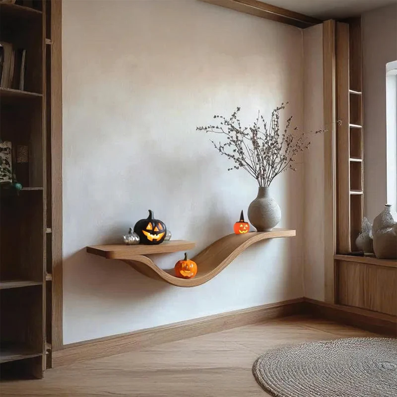 Spry Interior Mid-Century Curved Floating Shelf, Rustic Wooden Branch Wall Shelf, Spooky Gothic Bedroom Wall Decor Organizer, SINLSAHW015