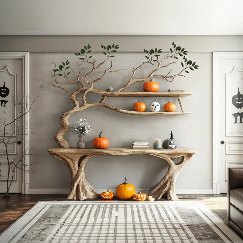 Spry Interior Rustic Tree Console Table, Handcrafted Wood Branch Entryway Table, Spooky Gothic Accent Hallway Sofa Furniture, SINLSAHW019