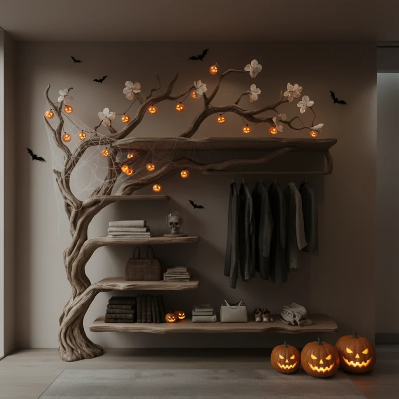 Spry Interior Mid-Century Wooden Tree Wardrobe Shelf, Rustic Branch Coat Rack & Organizer, Spooky Gothic Bedroom Furniture Decor, SINLKIHW029