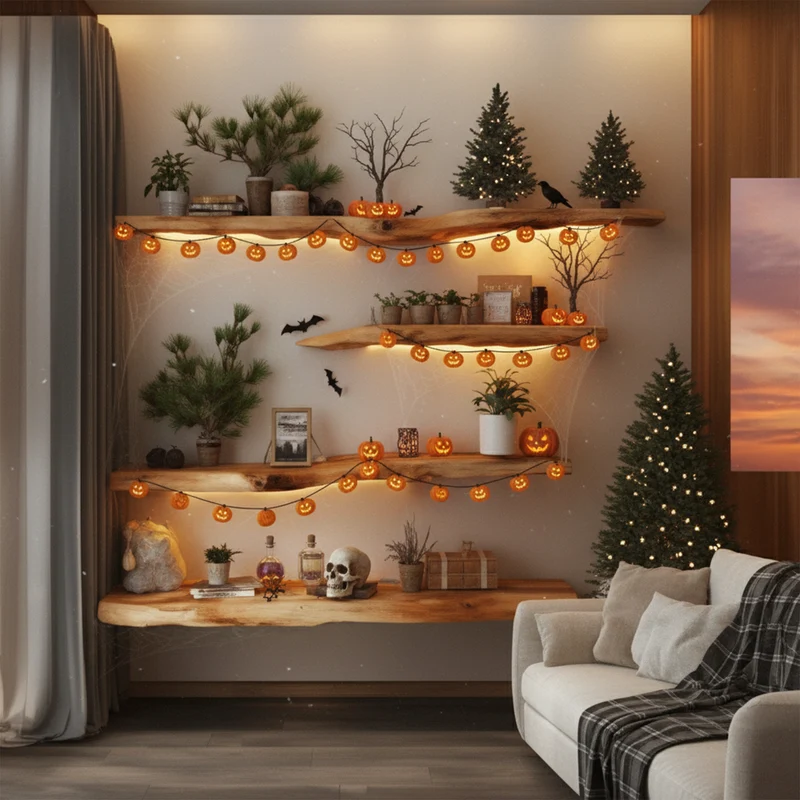 Spry Interior Rustic Floating Wall Shelves, Tree Branch Wooden Hanging Display Shelves, Gothic Spooky Living Room Decor, SINLKIHW032