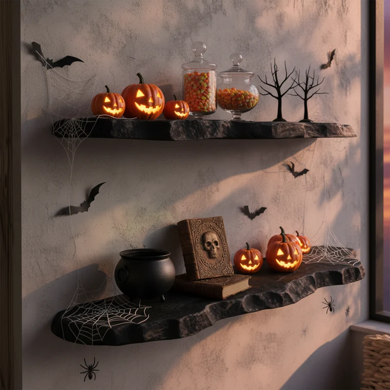 Spry Interior Mid-Century Modern Floating Shelf, Rustic Tree Branch Wall Shelf, Spooky Gothic Halloween Minimalist Home Accent, SINLKIHW041