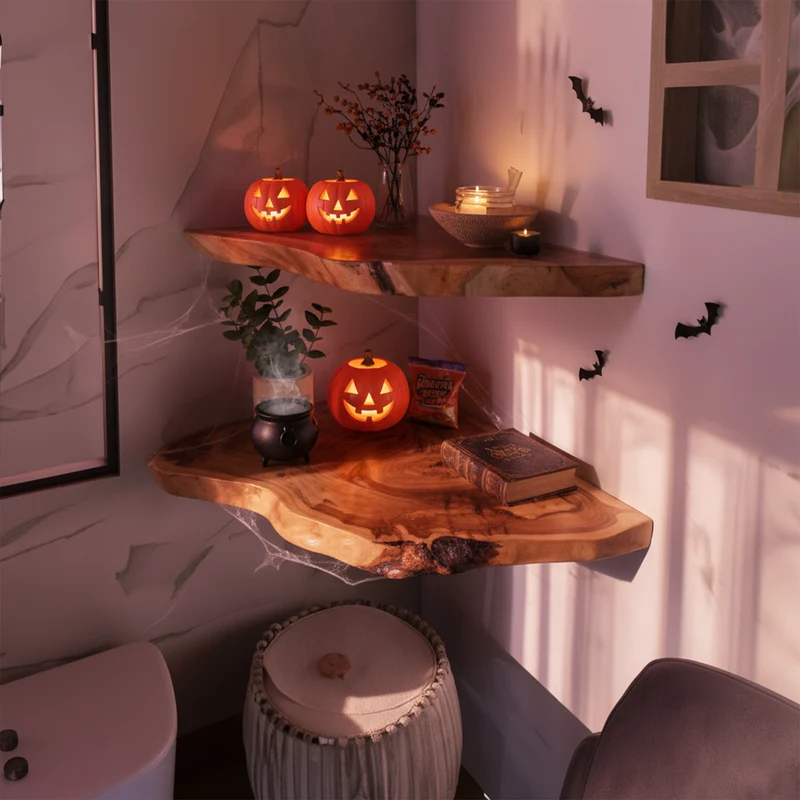 Spry Interior Mid-Century Floating Shelf, Rustic Wooden Tree Branch Wall Mounted Accent Shelf, Spooky Halloween Living Room Decor, SINLKIHW054