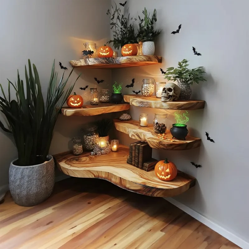 Spry Interior Rustic Farmhouse Floating Wall Shelf, Wooden Tree Branch Wall Shelf, Spooky Halloween & Goth Living Room Display, SINLKIHW045