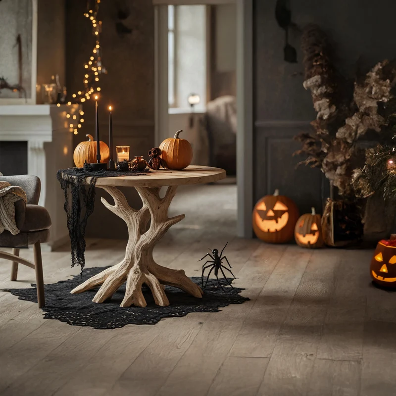 Spry Interior Handcrafted Round End Table, Solid Wood Side Table, Spooky Gothic Pumpkin Design Nightstand for Living Room Decor, SILDTTRHEN003