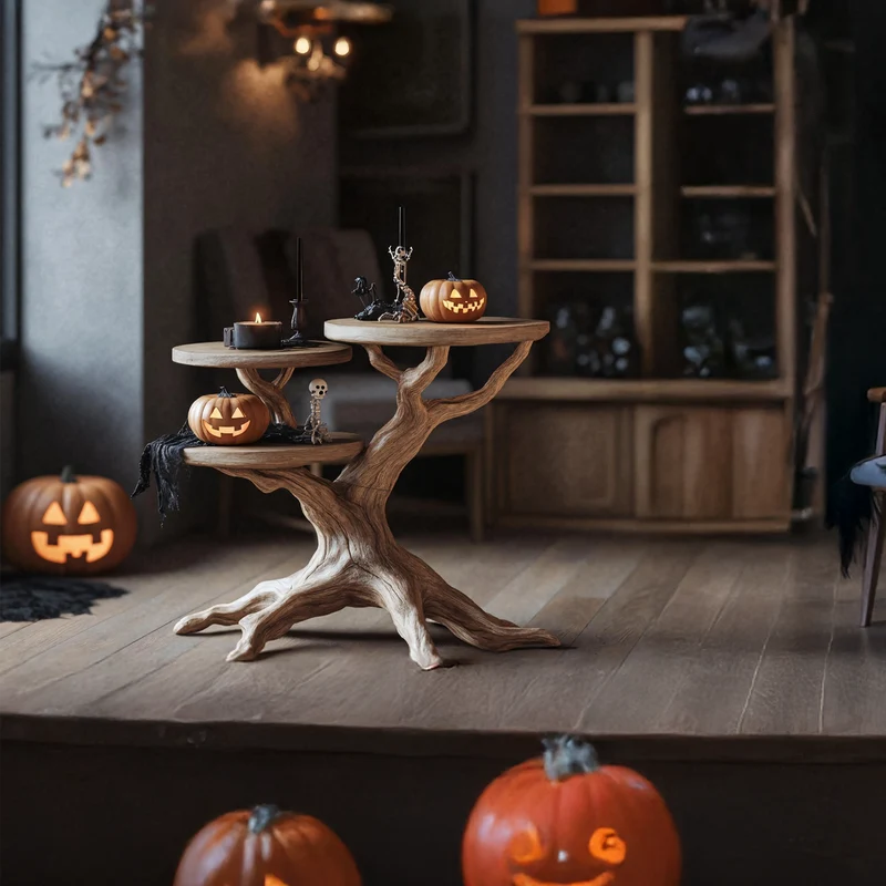 Spry Interior Farmhouse Solid Wood End Table, Rustic Side Table with Shelves, Gothic Pumpkin Style Nightstand for Living Room, SILDTTRHEN014