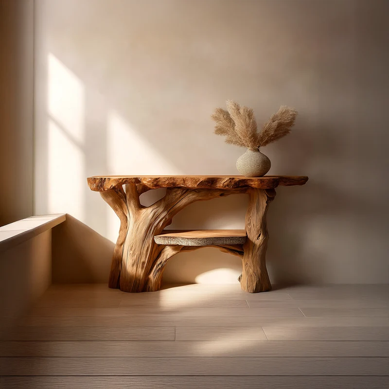 Spry Interior Rustic Sculptural Solid Wood Console Table, Living Room Accent Sofa Table, Handcrafted, Model SINLSACS238