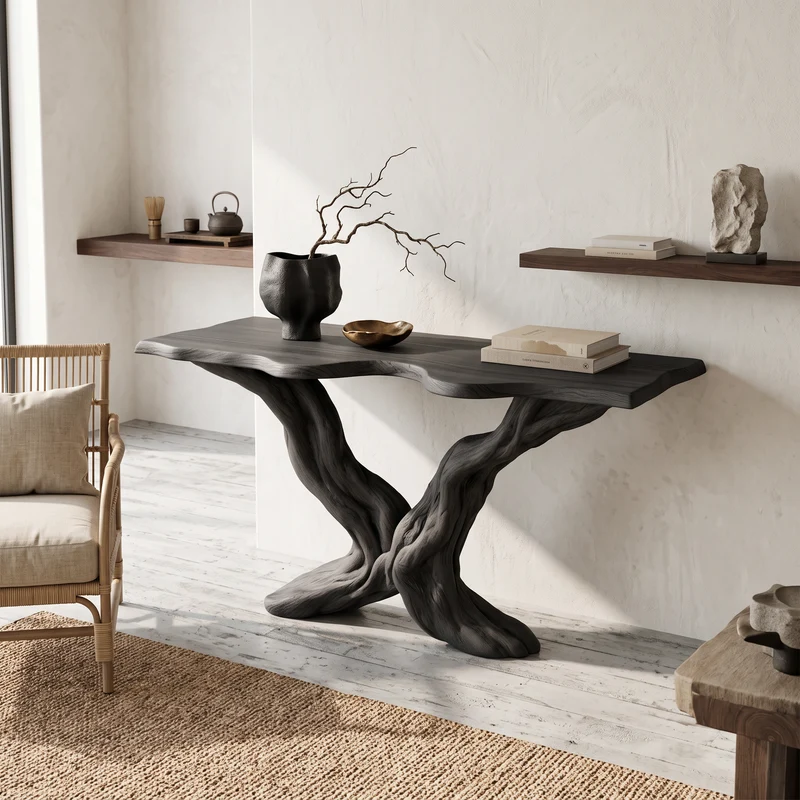 Spry Interior Rustic Sculptural Wood Console Table, Living Room & Entryway Handcrafted Solid Wood Accent Sofa Table, Model SINLSACS270