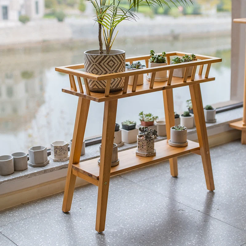 Traditional Rustic Pine Wood Trapezoidal Lightweight Plant Storage Shelf 2-Layer For Garden