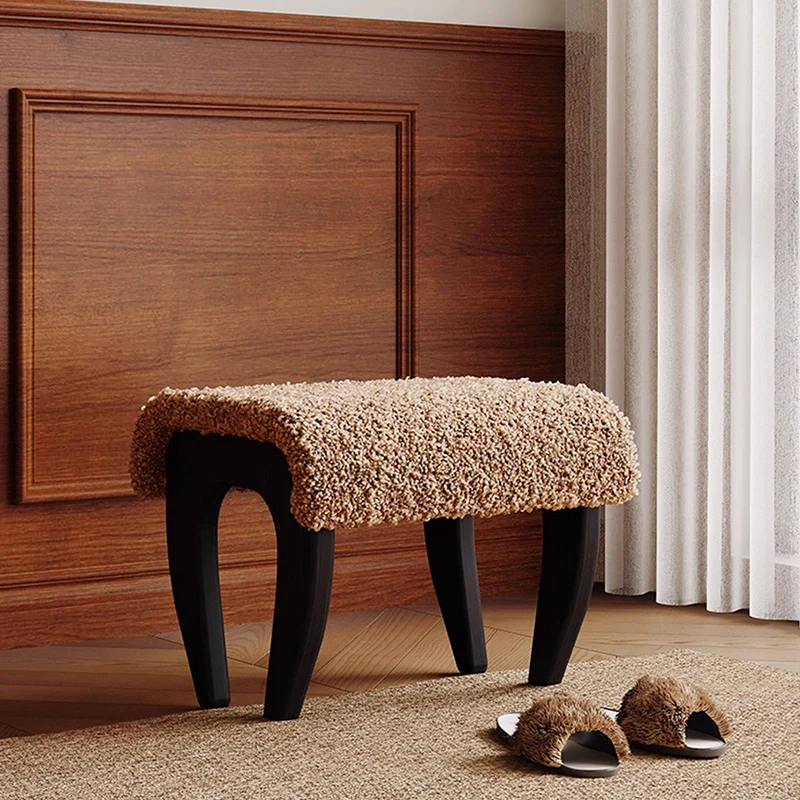 Traditional French Solid Wood Sherpa Fabric Rectangular Vanity Stool Backless Armless For Bedroom