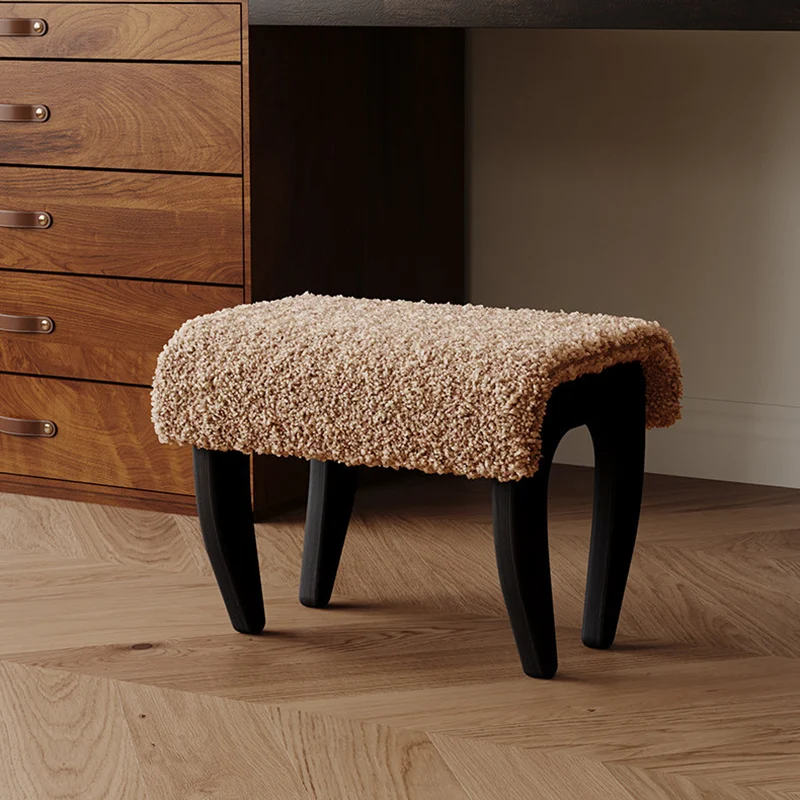 Traditional French Solid Wood Sherpa Fabric Rectangular Vanity Stool Backless Armless For Bedroom