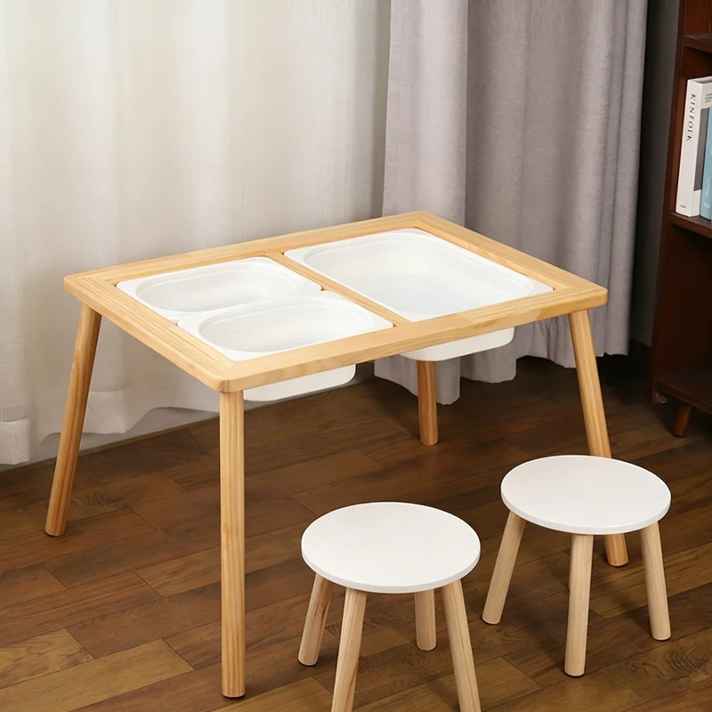 Modern Minimalist Rectangular Pine Medium Density Fiberboard Kids Desk & Chair Set 3-Storage For Bedroom