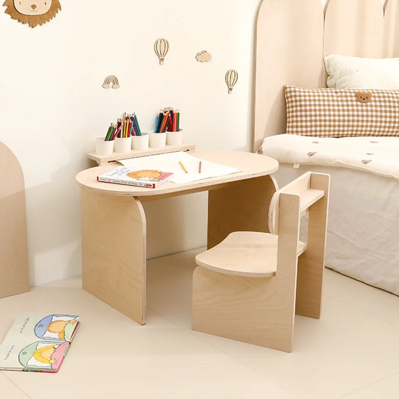 Contemporary Scandinavian Rectangular Plywood Kids Desk & Chair Set 2-Tier For Bedroom