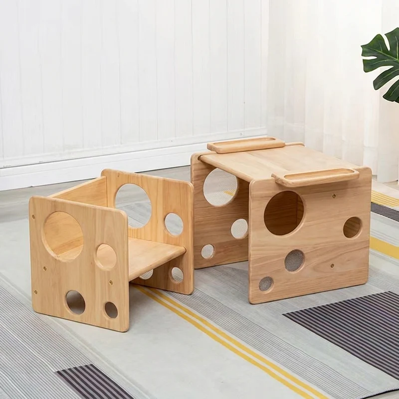 Contemporary Scandinavian Rectangular Round Pine Wood Kids Desk & Chair Set 1-Tier For Bedroom