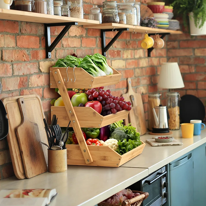 Contemporary Scandinavian Rectangular Bamboo Fruit Basket Desktop Storage Shelf 2/3 Tier For Kitchen