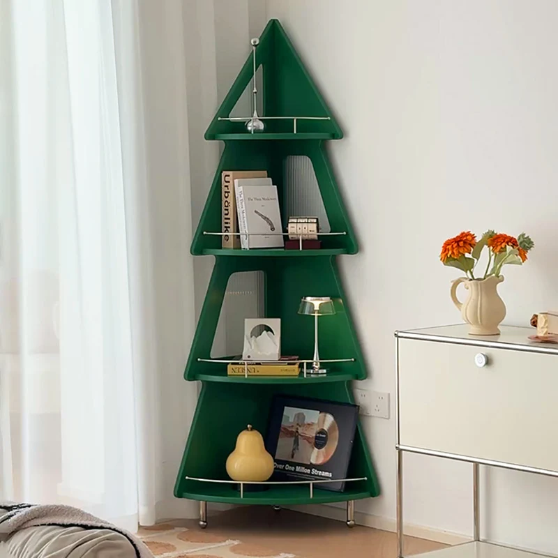 Contemporary Creative Christmas Tree Solid Wood Stainless Steel Space-Saving Corner Storage Shelf 4-Layer For Living Room & Study