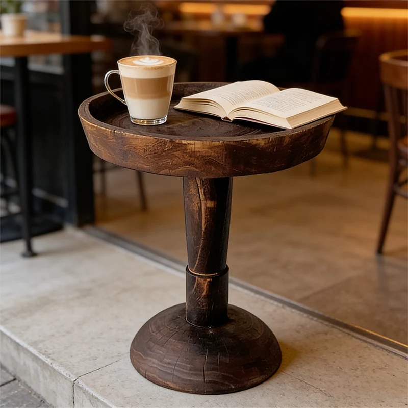Traditional Vintage Solid Wood Round Natural Side Table For Living Room, Balcony, Café & Boutique Homestay