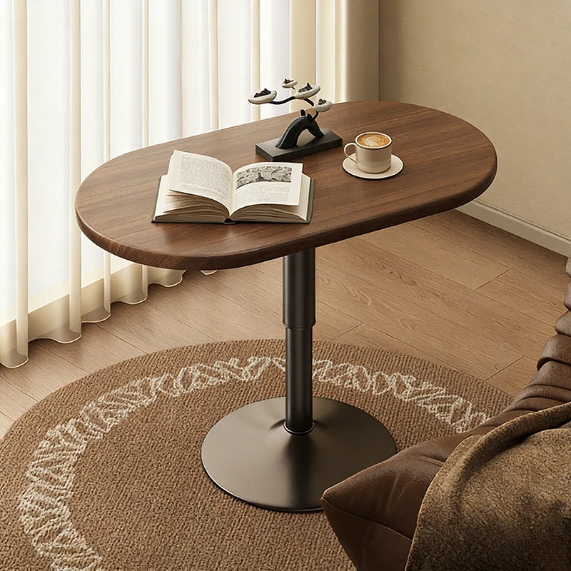 Modern Minimalist Stone Slab MDF Top Steel Oval Side Table With Adjustable Height & Rotating Desktop For Living Room & Bedroom